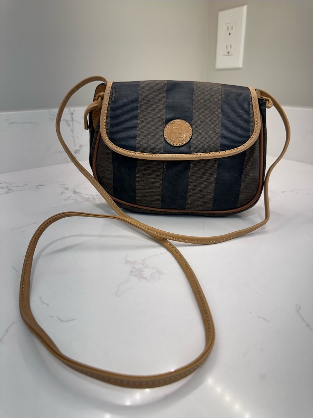 Fendi Pequin Small Crossbody Bag in Black and Tan